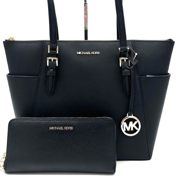 Michael Kors Large Charlotte Tote Bag & Large Continental Wallet Wristlet Black - Picture 1 of 14